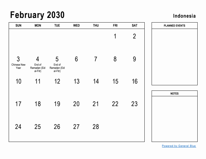 February 2030 Printable Monthly Calendar with Indonesia Holidays