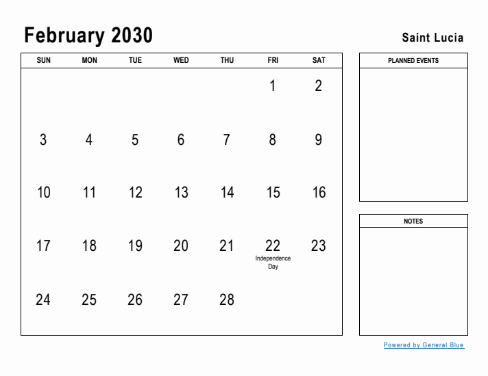 February 2030 Printable Monthly Calendar with Saint Lucia Holidays