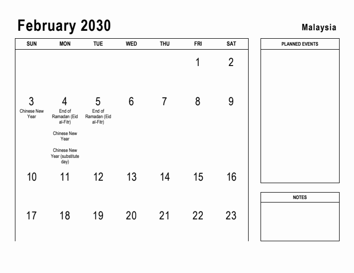 February 2030 Printable Monthly Calendar with Malaysia Holidays