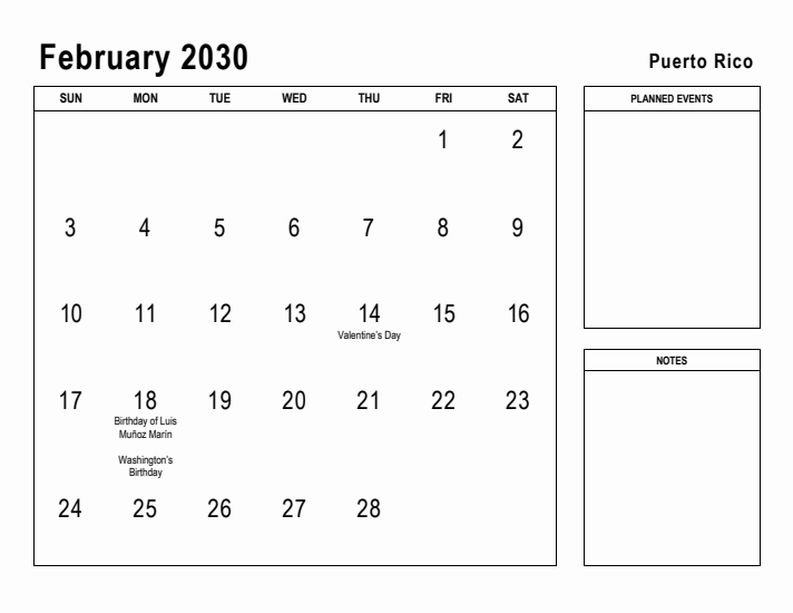 February 2030 Printable Monthly Calendar with Puerto Rico Holidays