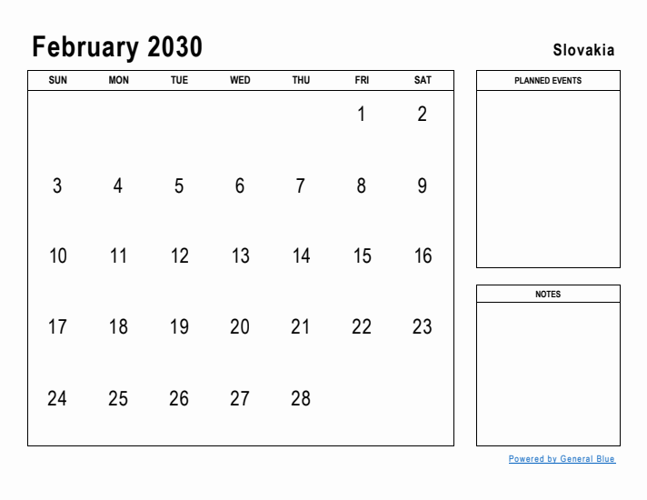 February 2030 Printable Monthly Calendar with Slovakia Holidays