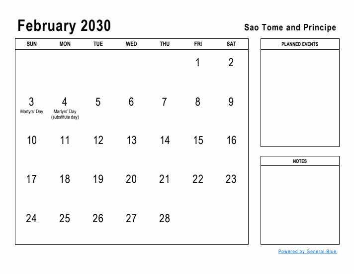 February 2030 Printable Monthly Calendar with Sao Tome and Principe Holidays