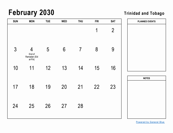 February 2030 Printable Monthly Calendar with Trinidad and Tobago Holidays