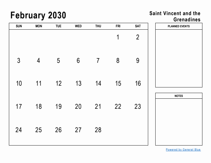 February 2030 Printable Monthly Calendar with Saint Vincent and the Grenadines Holidays