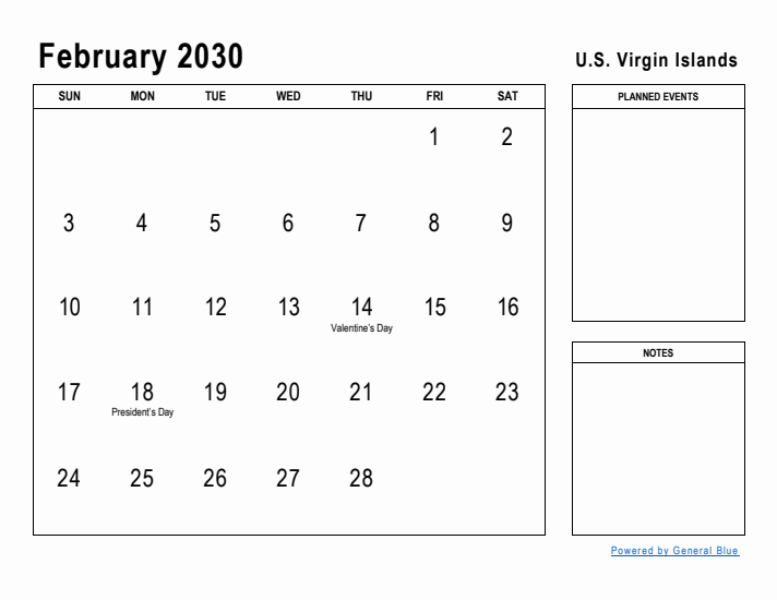 February 2030 Printable Monthly Calendar with U.S. Virgin Islands Holidays