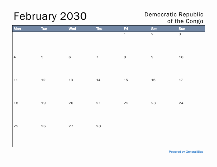 February 2030 Simple Monthly Calendar for Democratic Republic of the Congo