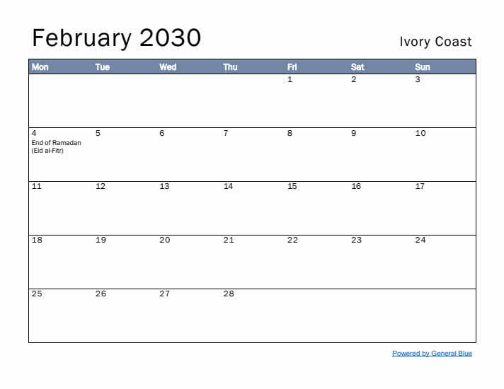 February 2030 Simple Monthly Calendar for Ivory Coast