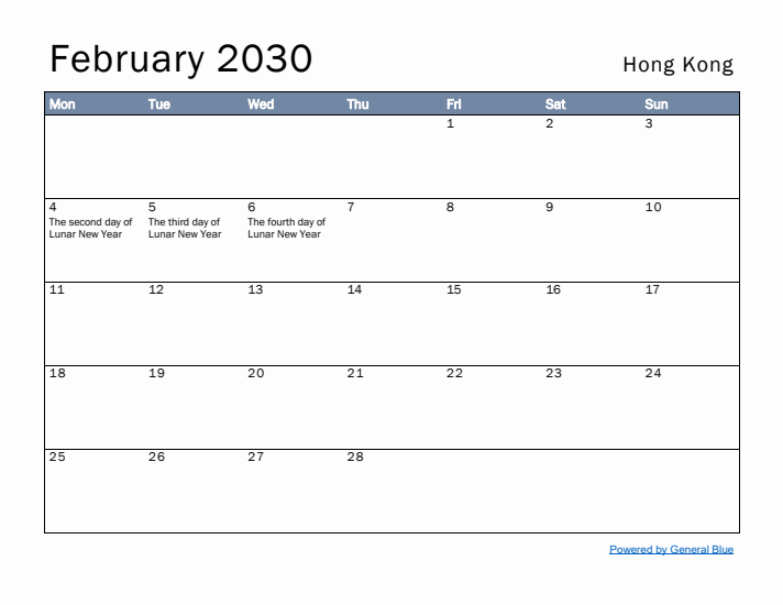 February 2030 Simple Monthly Calendar for Hong Kong