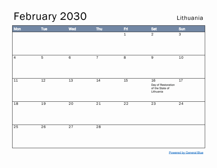 February 2030 Simple Monthly Calendar for Lithuania