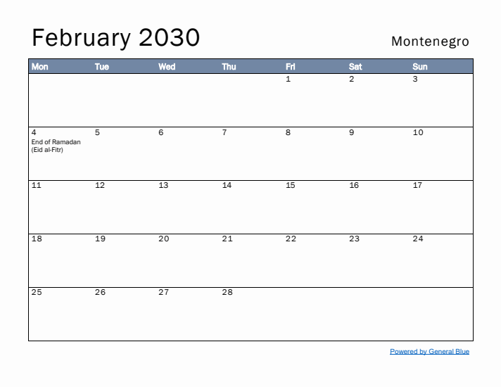 February 2030 Simple Monthly Calendar for Montenegro