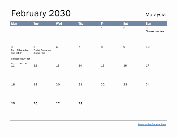 February 2030 Simple Monthly Calendar for Malaysia