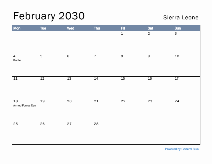February 2030 Simple Monthly Calendar for Sierra Leone