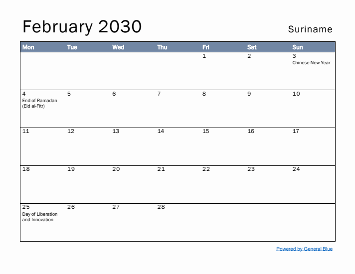 February 2030 Simple Monthly Calendar for Suriname