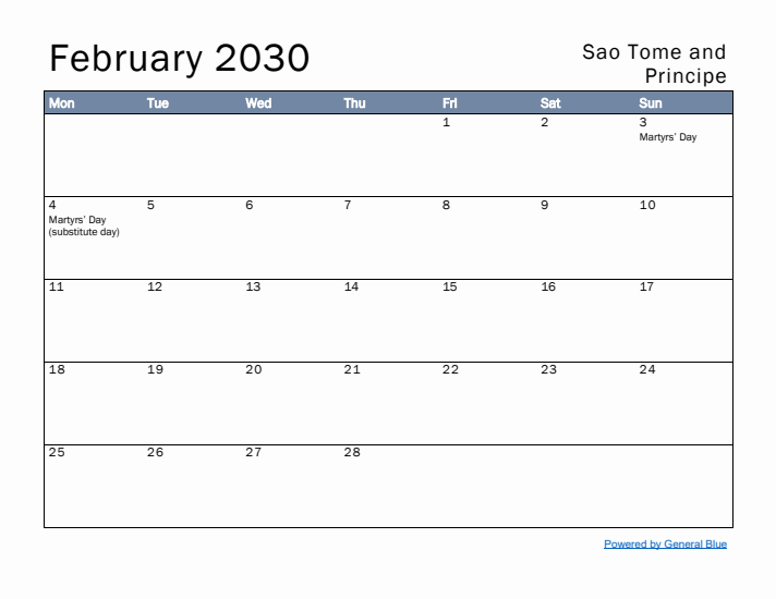 February 2030 Simple Monthly Calendar for Sao Tome and Principe