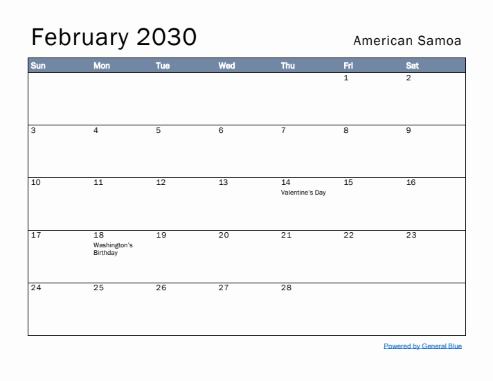 February 2030 Simple Monthly Calendar for American Samoa