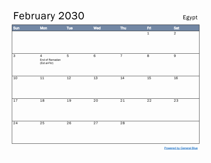 February 2030 Simple Monthly Calendar for Egypt