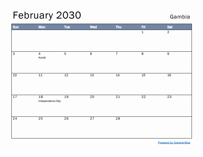 February 2030 Simple Monthly Calendar for Gambia