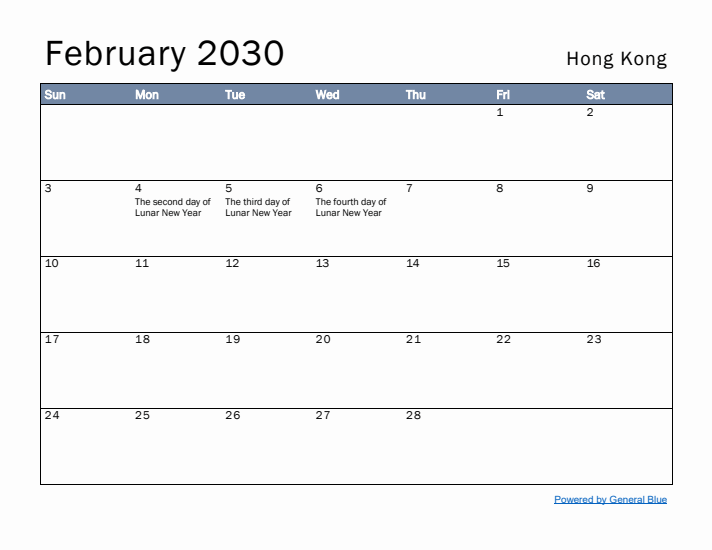 February 2030 Simple Monthly Calendar for Hong Kong