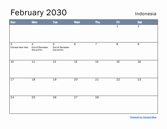 February 2030 Simple Monthly Calendar for Indonesia
