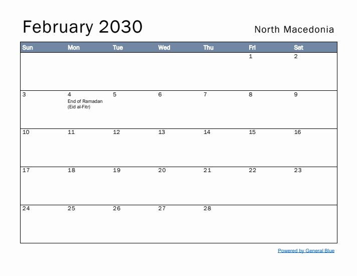 February 2030 Simple Monthly Calendar for North Macedonia