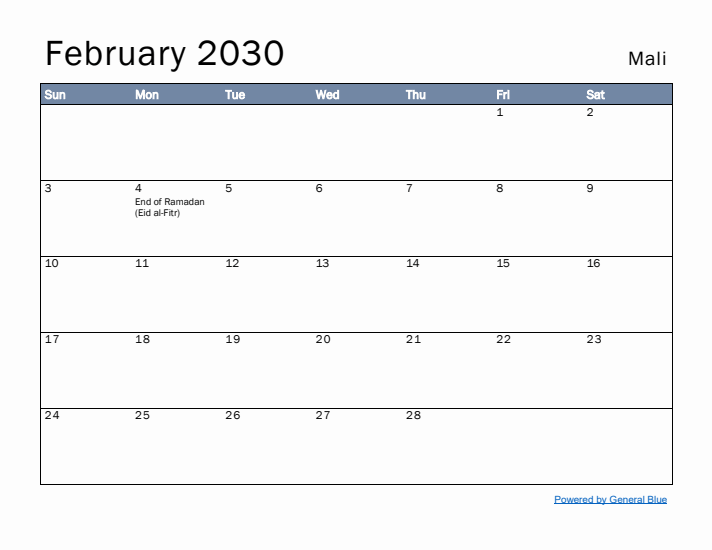 February 2030 Simple Monthly Calendar for Mali