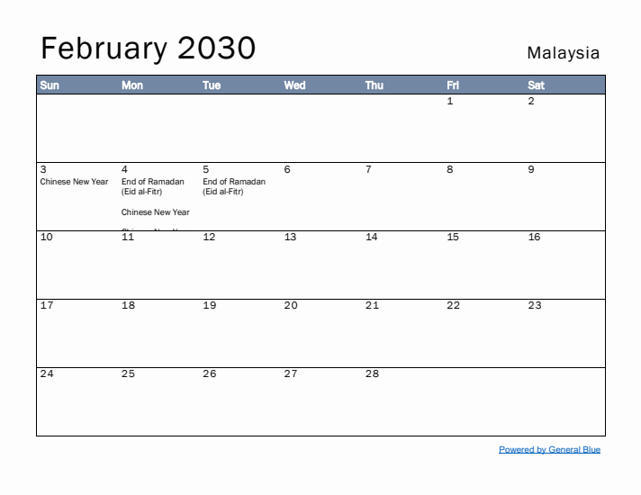 February 2030 Simple Monthly Calendar for Malaysia
