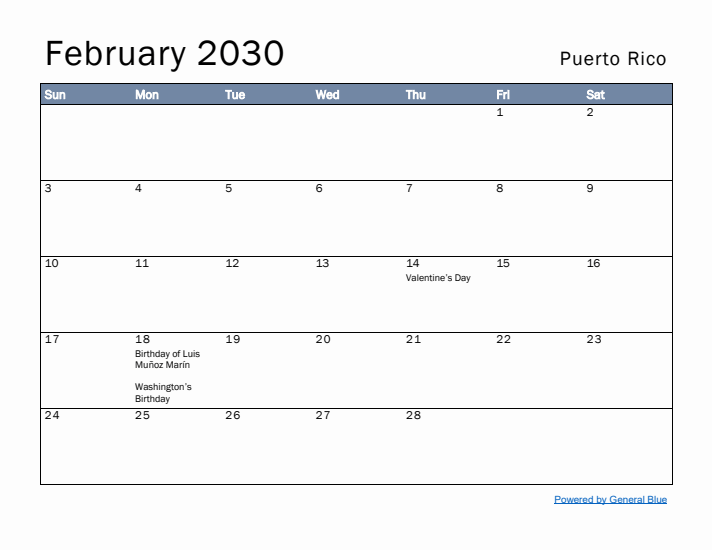 February 2030 Simple Monthly Calendar for Puerto Rico