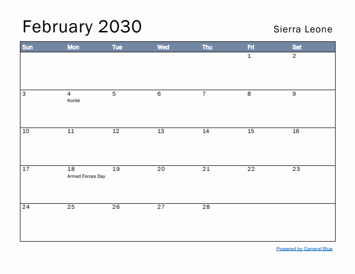 February 2030 Simple Monthly Calendar for Sierra Leone