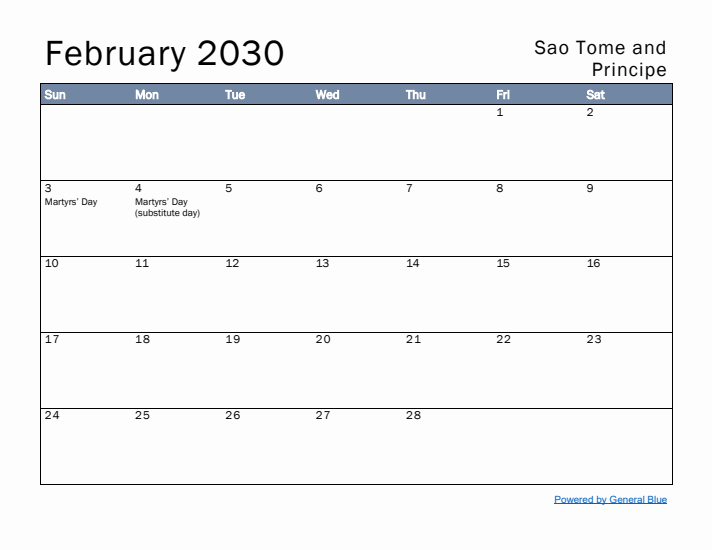 February 2030 Simple Monthly Calendar for Sao Tome and Principe