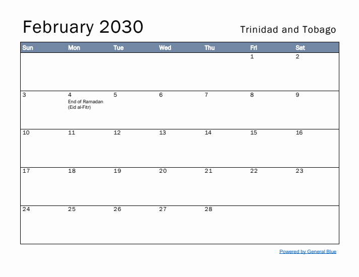 February 2030 Simple Monthly Calendar for Trinidad and Tobago