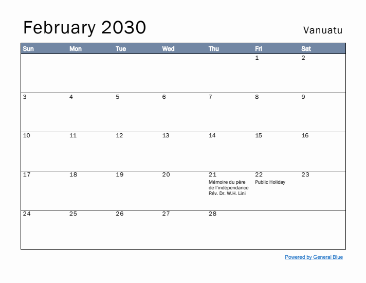 February 2030 Simple Monthly Calendar for Vanuatu