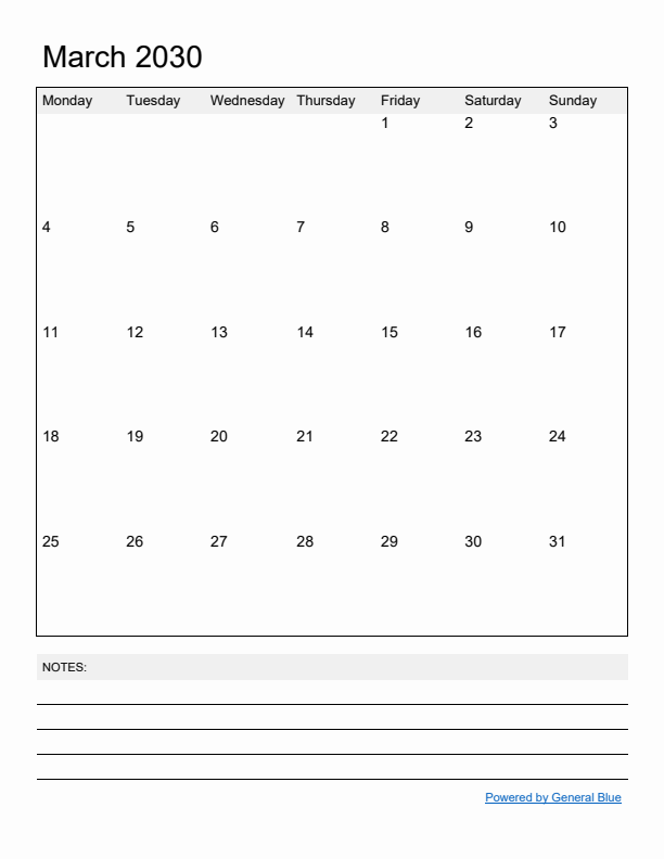 Basic Monthly Calendar Template for March 2030