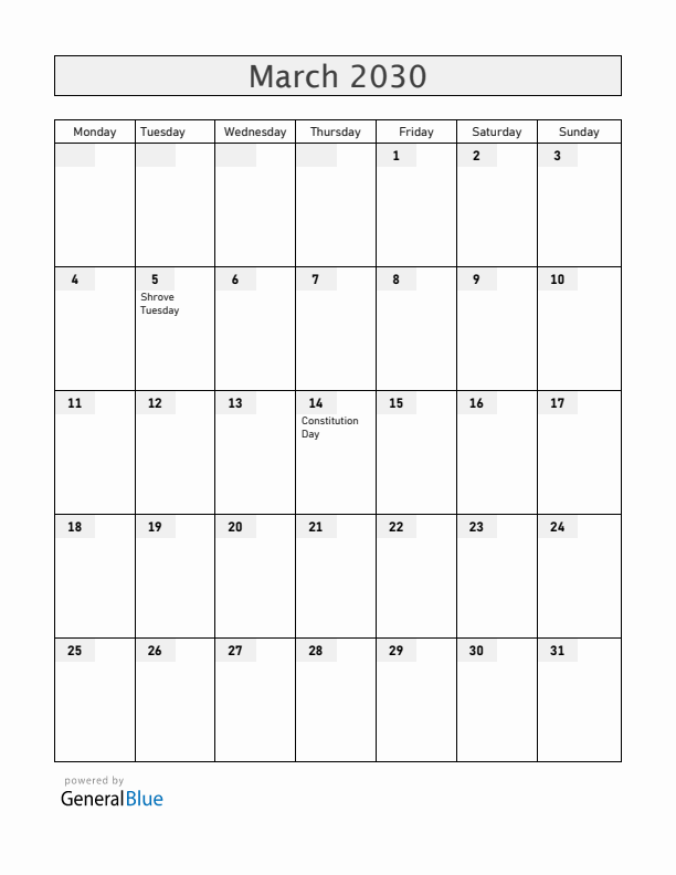 Andorra March 2030 Calendar with Holidays