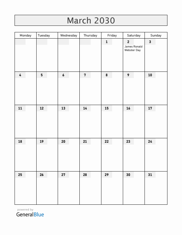 Anguilla March 2030 Calendar with Holidays