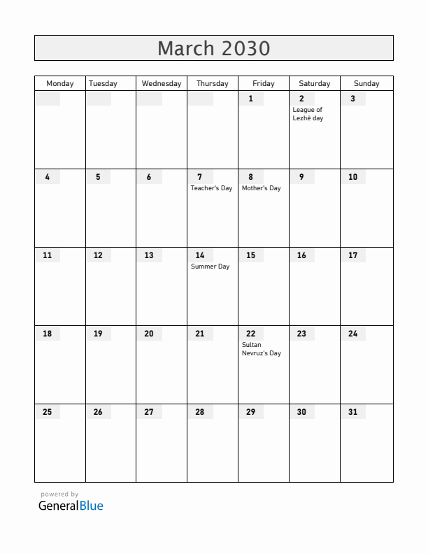 Albania March 2030 Calendar with Holidays