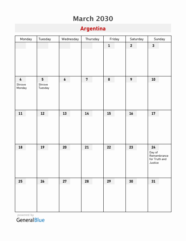 Argentina March 2030 Calendar with Holidays