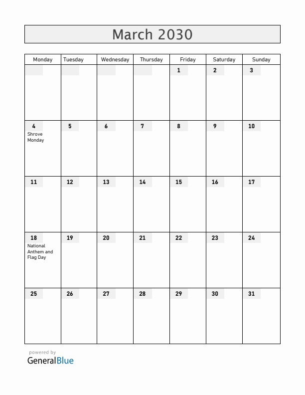 Aruba March 2030 Calendar with Holidays