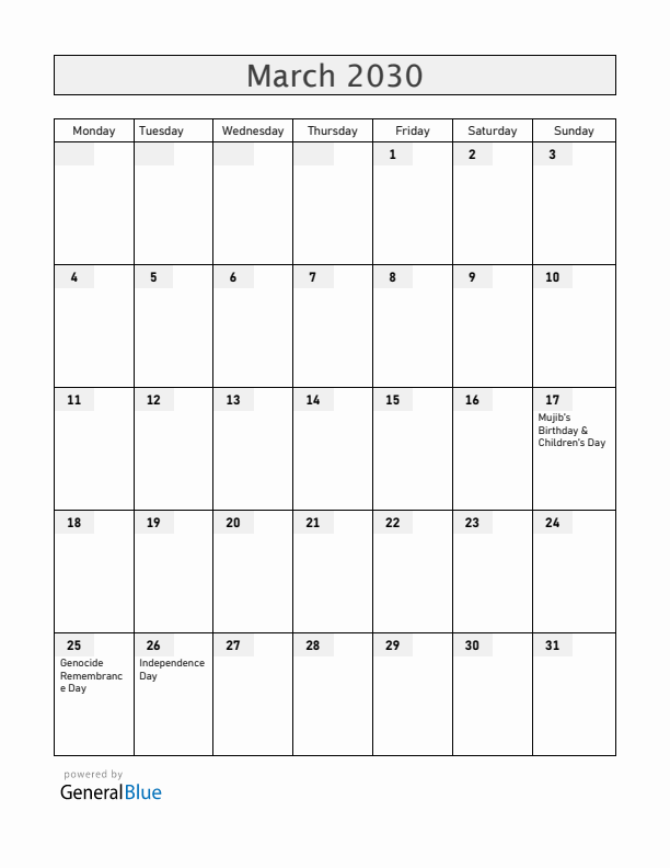 Bangladesh March 2030 Calendar with Holidays
