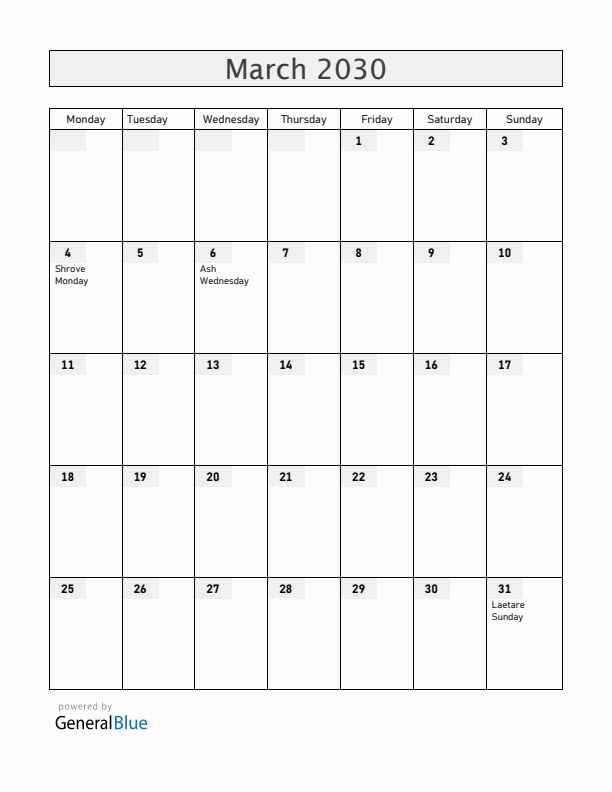Saint Barthelemy March 2030 Calendar with Holidays