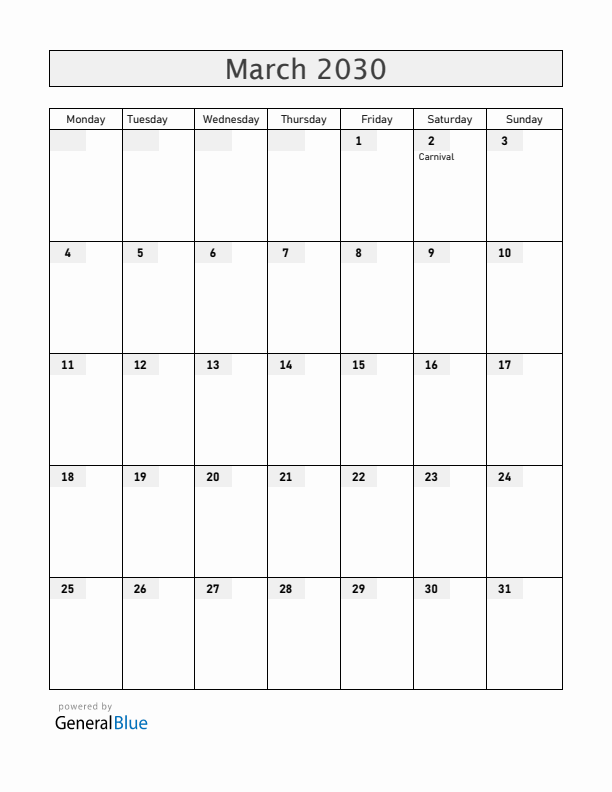 Brazil March 2030 Calendar with Holidays