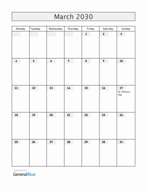 Canada March 2030 Calendar with Holidays
