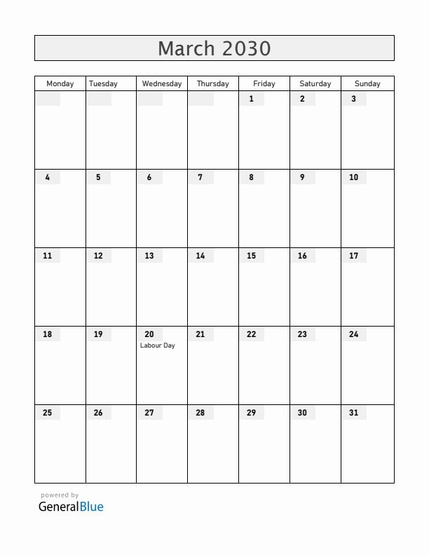 Cocos Islands March 2030 Calendar with Holidays