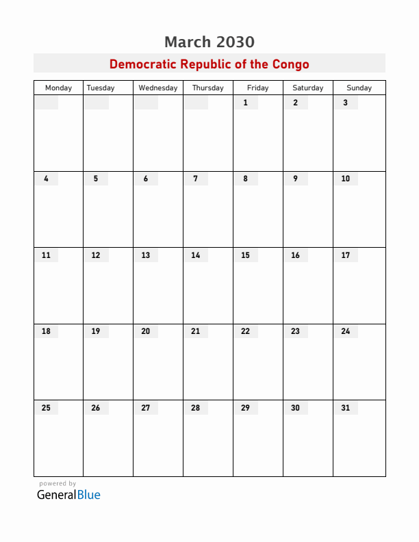Democratic Republic of the Congo March 2030 Calendar with Holidays