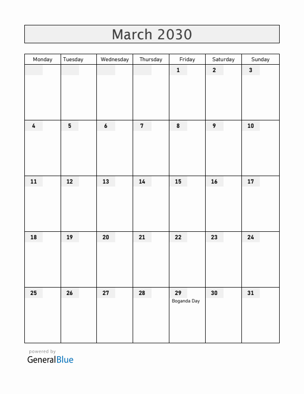 Central African Republic March 2030 Calendar with Holidays