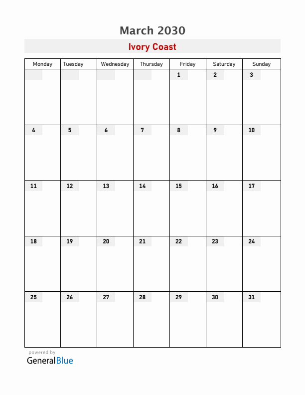 Ivory Coast March 2030 Calendar with Holidays