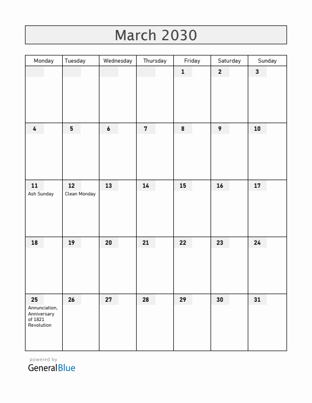 Cyprus March 2030 Calendar with Holidays