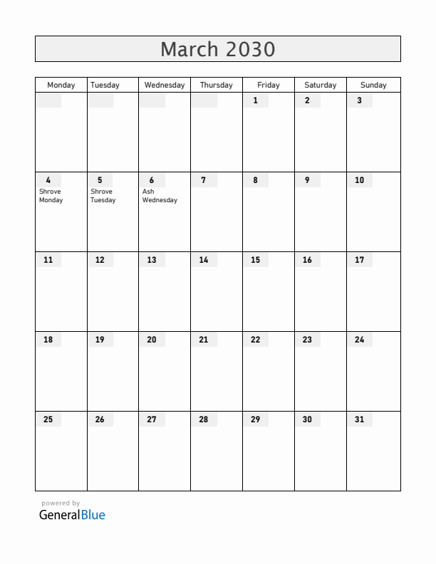 Germany March 2030 Calendar with Holidays