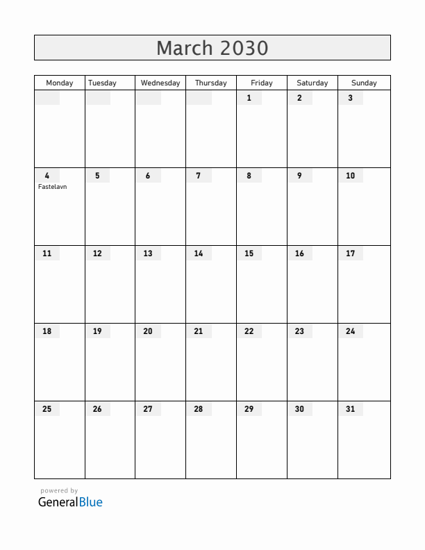 Denmark March 2030 Calendar with Holidays