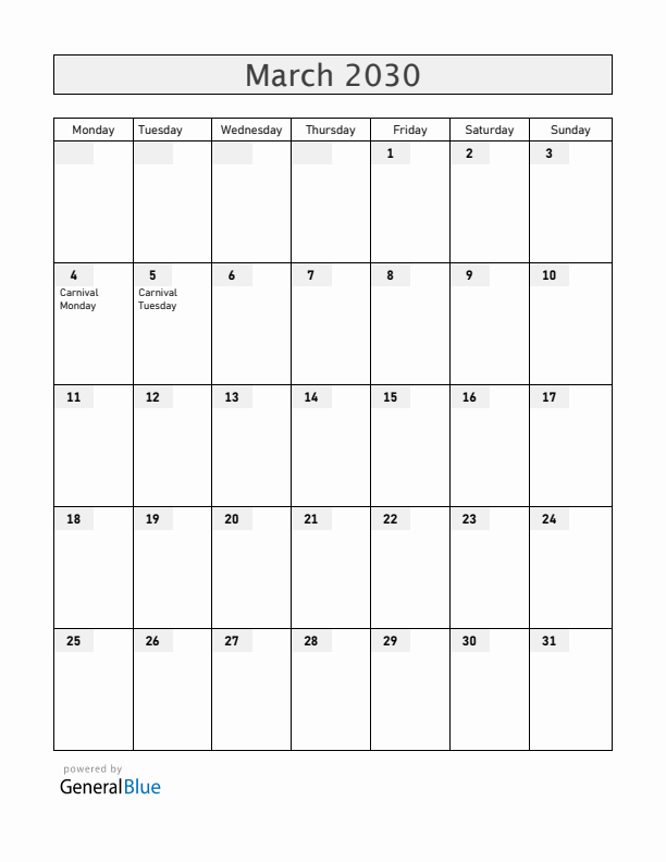 Dominica March 2030 Calendar with Holidays