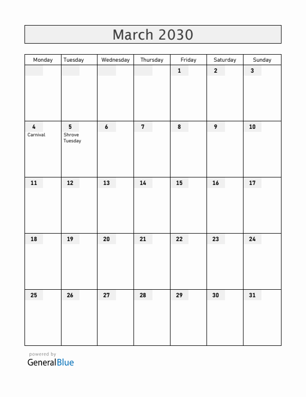 Ecuador March 2030 Calendar with Holidays
